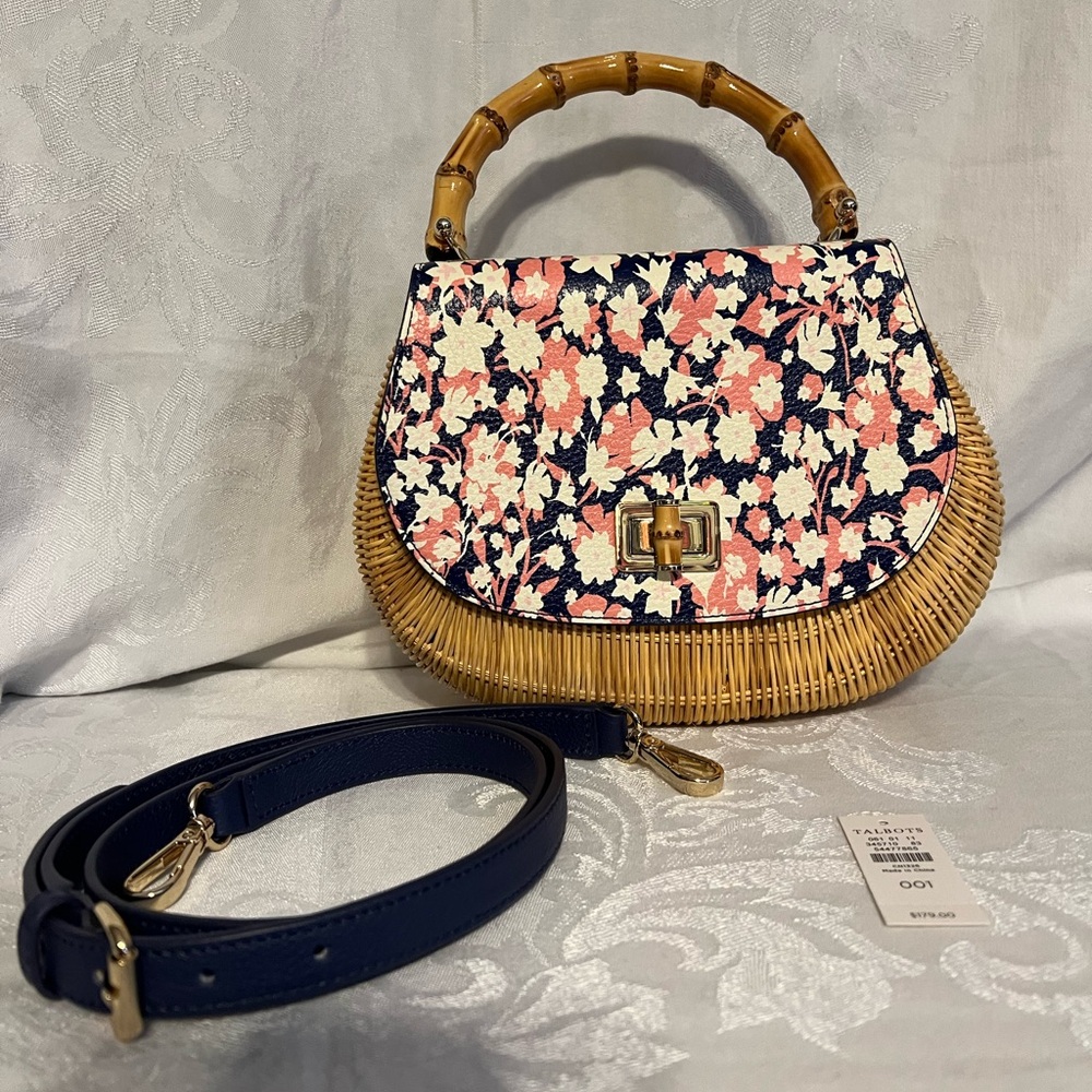 Talbots wicker handbag with a floral printed leather flap and detachable leather